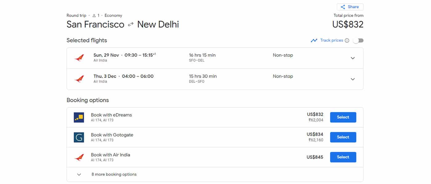 google flight itinerary