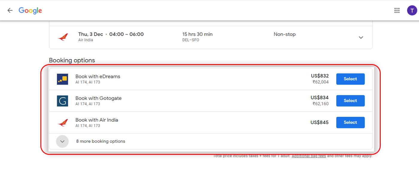 google flights air India