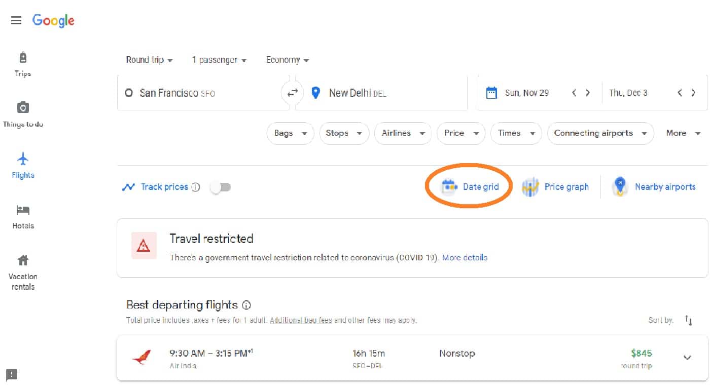 google flights date grid feature