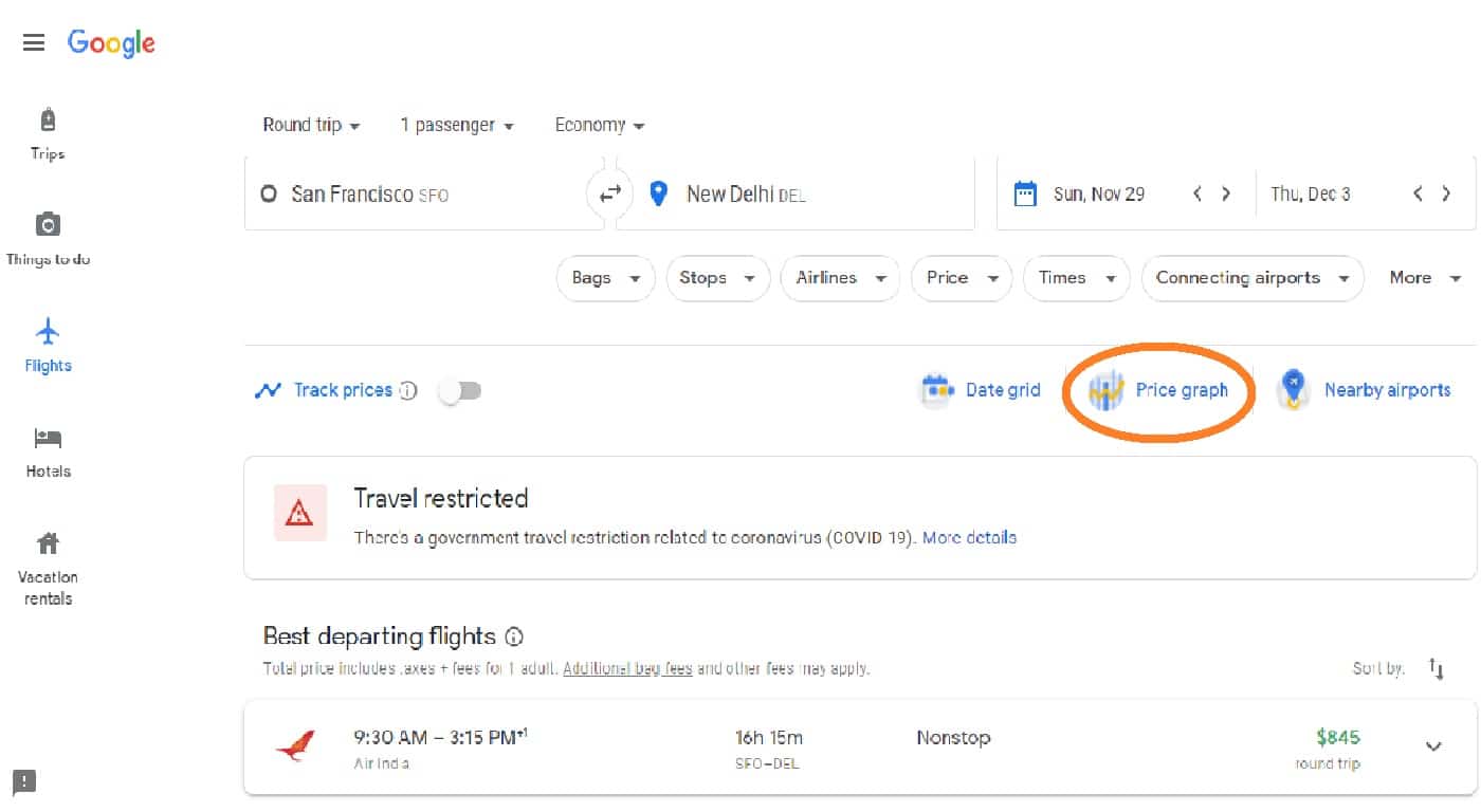 Google flights to book cheap price graph