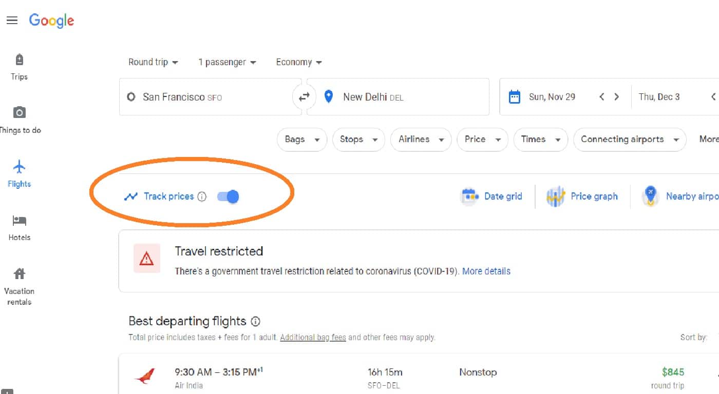 Google flight booking usa to india