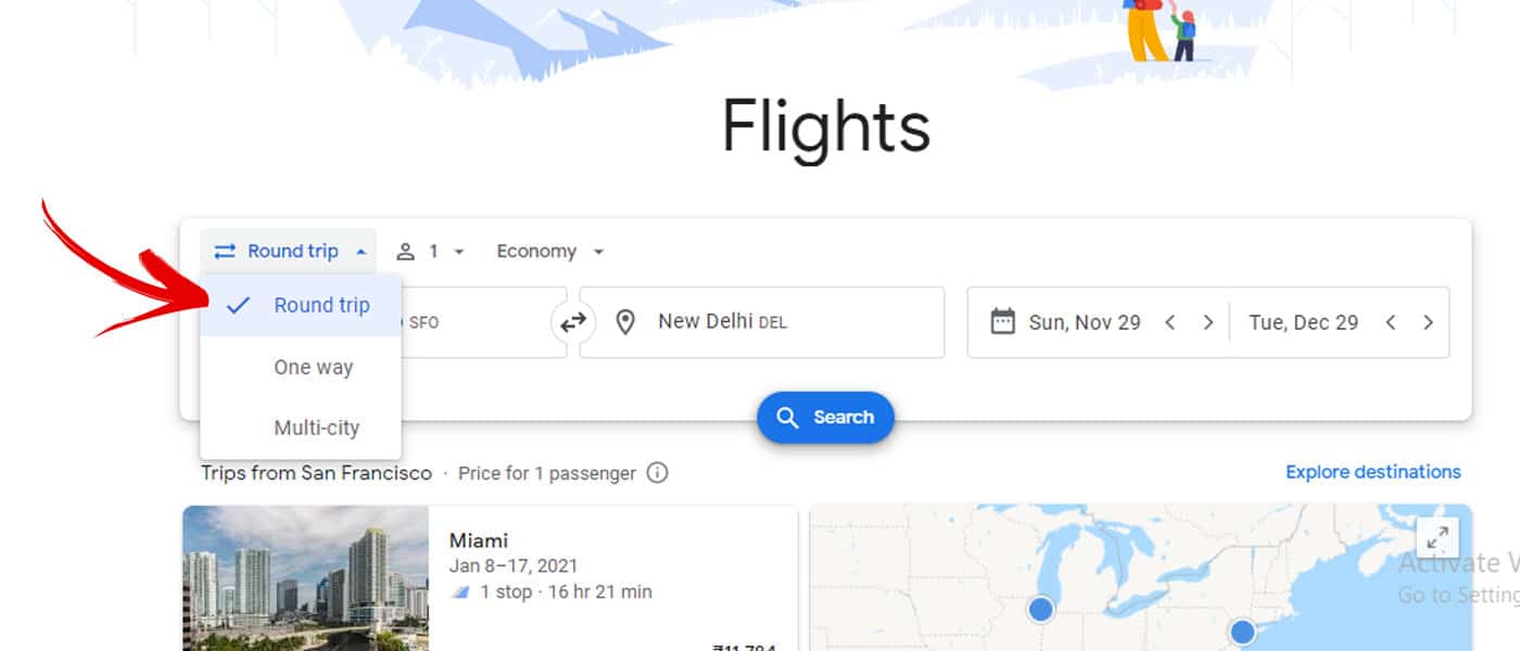 google flight trip types