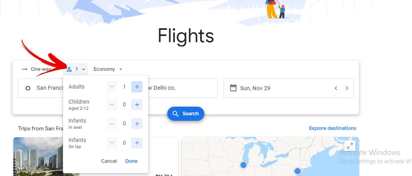 choose number of passenger in google flight