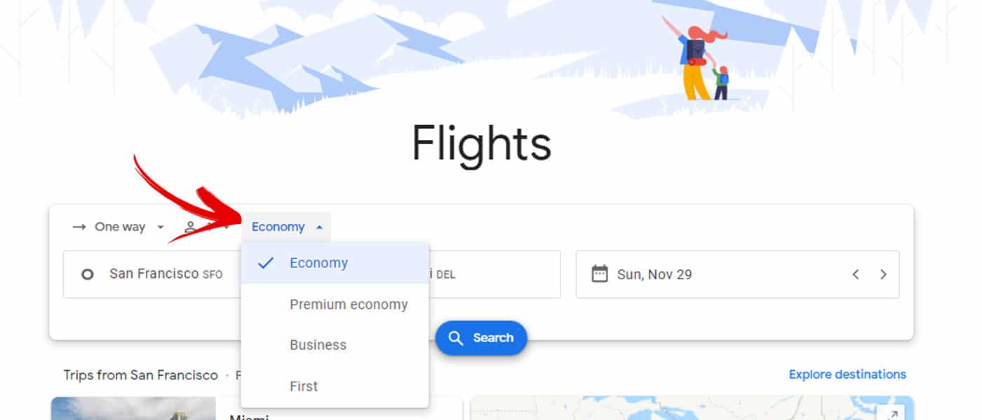 google flight class choose