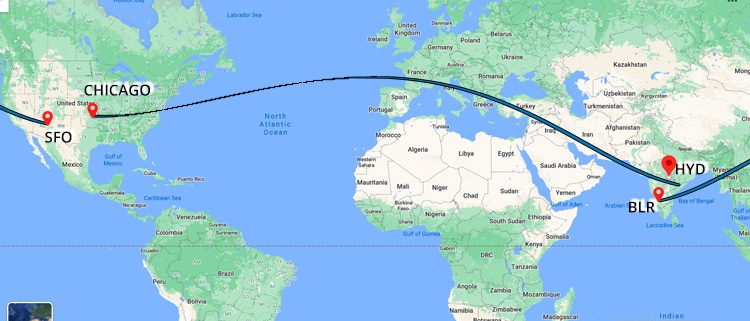 hyd to chicago flight map route