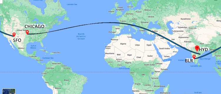 bangalore to usa flight travel time