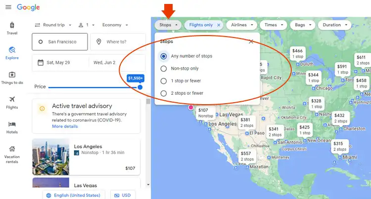 google flights choos any number of stops