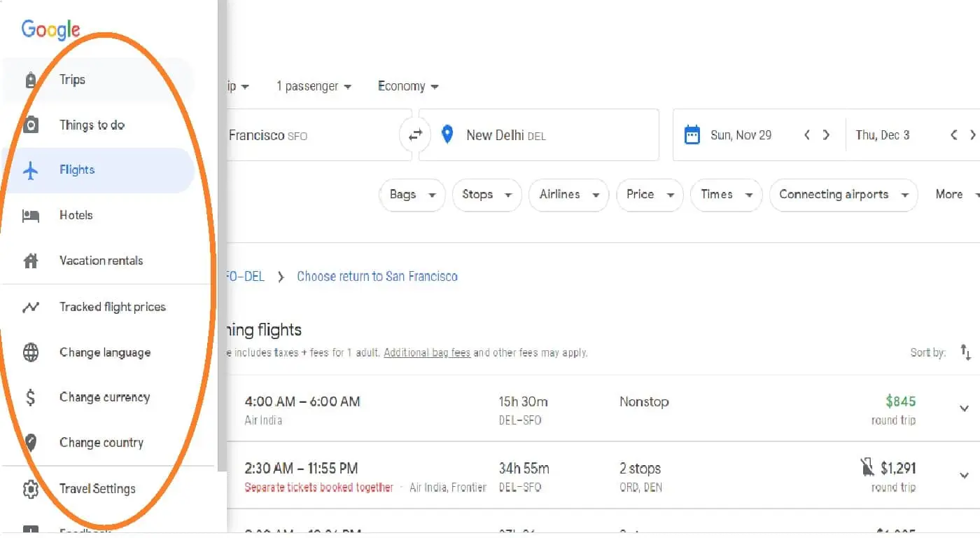 google flights list