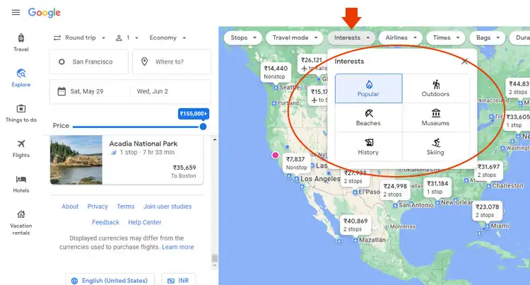 google flights map with popular flight