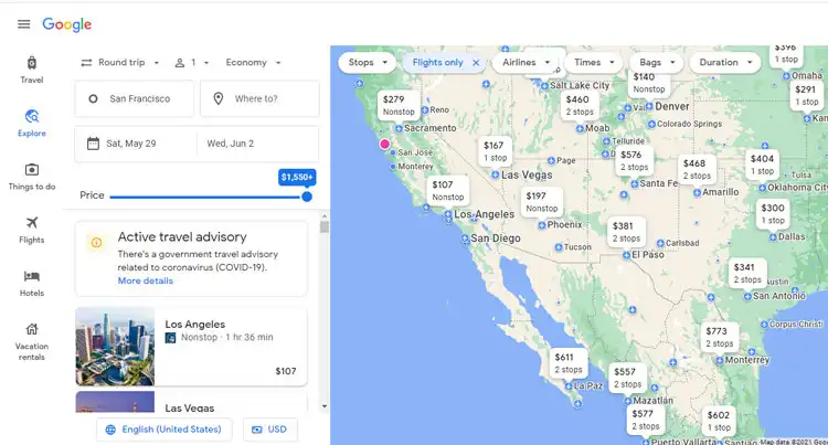 google map with price of flight