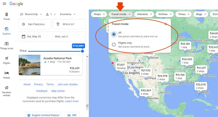travel mode set in google flights