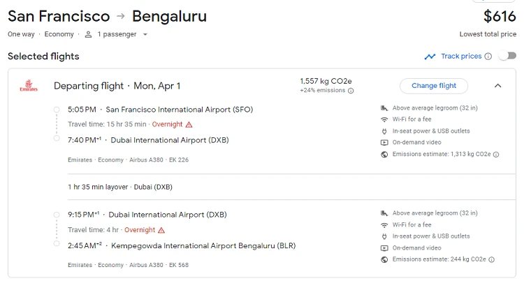 Emirates from San Francisco to Bangalore